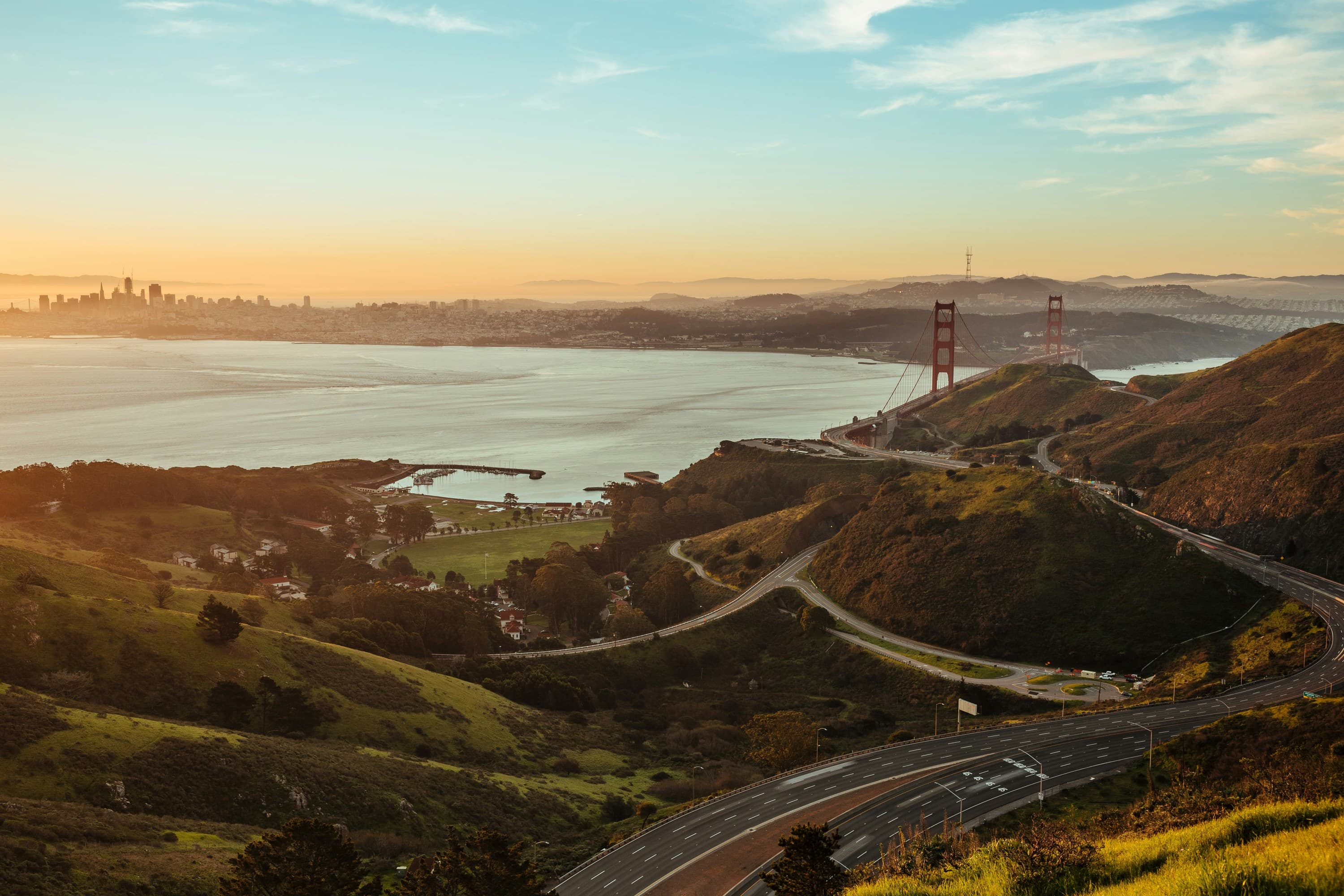 Golden Gate Bridge, San Francisco Bay, and the San Francisco skyline at sunset