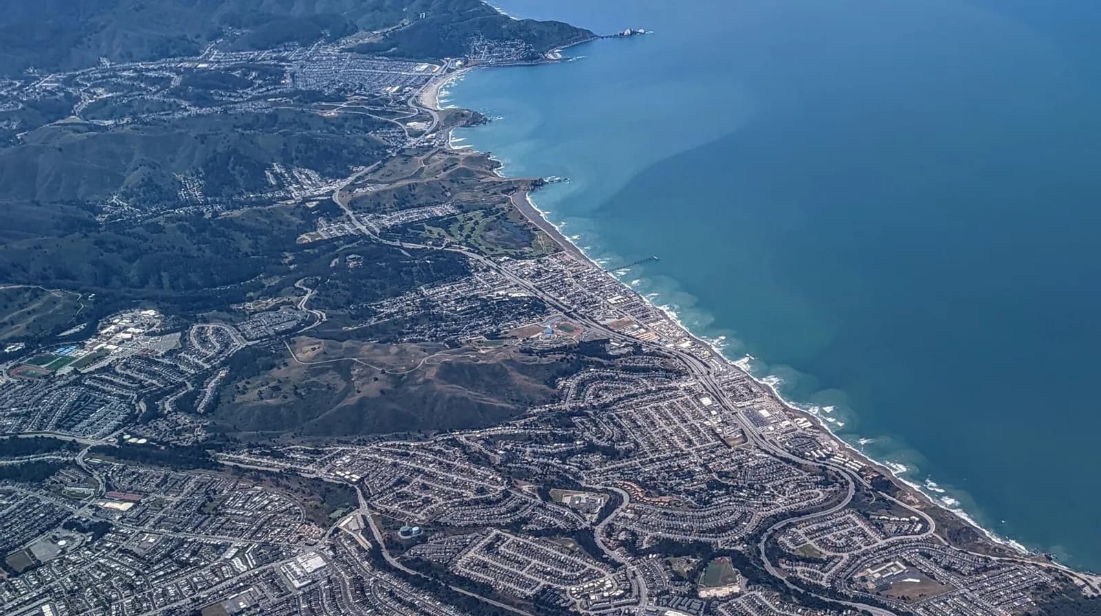 Aerial view of Pacifica and its Pacific coastline